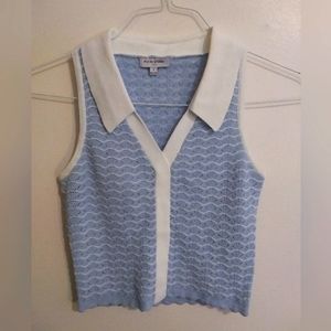 LIKE NEW Petite Studio Robyn Vest Blue/White Collared Scallop Trim Tank Size S